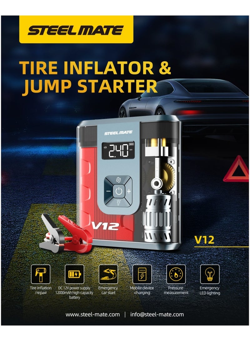 SteelMate V12 - 3×1 Air Compressor & Car Battery Jump Starter - 12000mAh - Image 2
