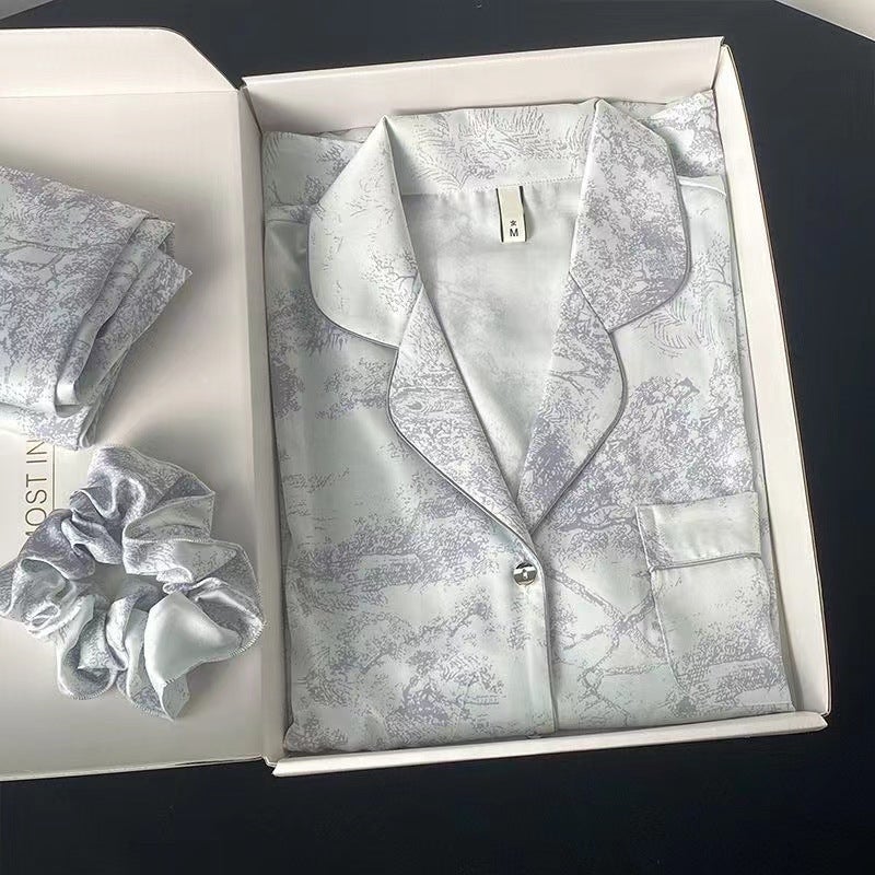 Spring and Autumn High-end Ice Silk New Arrival Pajamas Womens Long-sleeved Trousers Womens Ins High-end Silk Home Suit(long-sleeved trousers) ink painting gray (long-sleeved trousers) ink painting gray