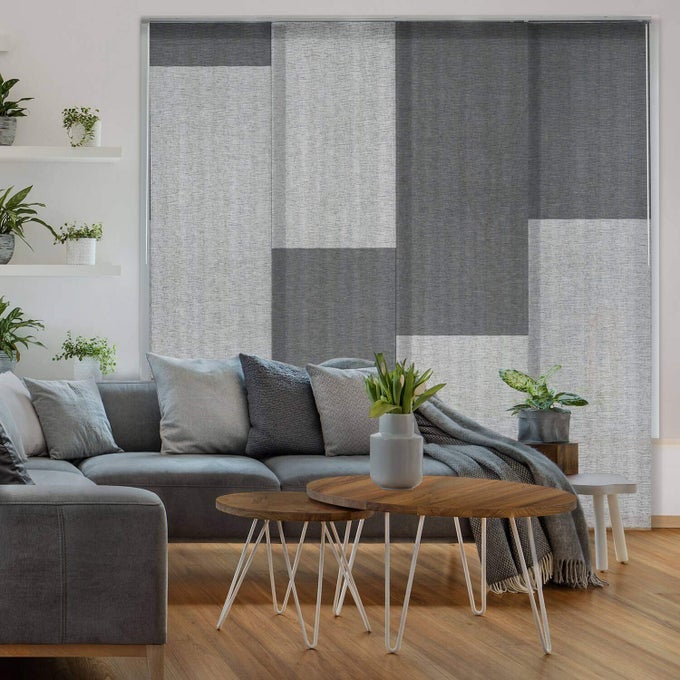 DELUXE ADJUSTABLE SLIDING PANEL TRACK BLIND 458 86 W X 96 H EXTENDABLE 4RAIL TRACK VERTICAL BLIND FOR LARGE WINDOW PATIO DOOR BLIND AND SHADE HANIGN ROOM DIVDER MANHATTAN MIST