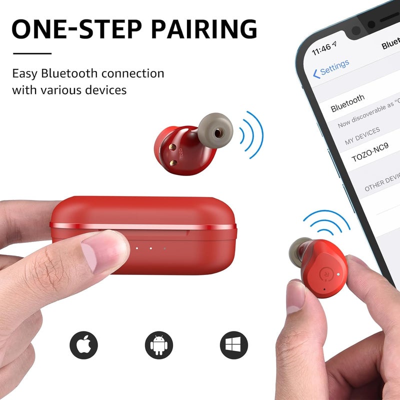 TOZO NC9 Hybrid Active Noise Cancelling Wireless Earbuds, in Ear Headphones IPX6 Waterproof Bluetooth 5.3 Stereo Earphones, Immersive Sound Premium Deep Bass Headset Dark Red - Image 3