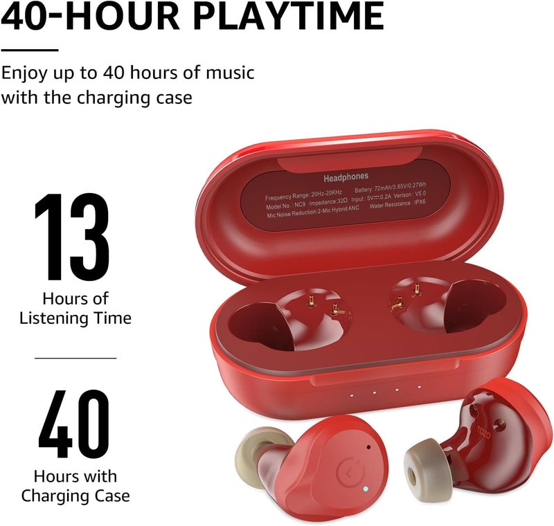 TOZO NC9 Hybrid Active Noise Cancelling Wireless Earbuds, in Ear Headphones IPX6 Waterproof Bluetooth 5.3 Stereo Earphones, Immersive Sound Premium Deep Bass Headset Dark Red - Image 5