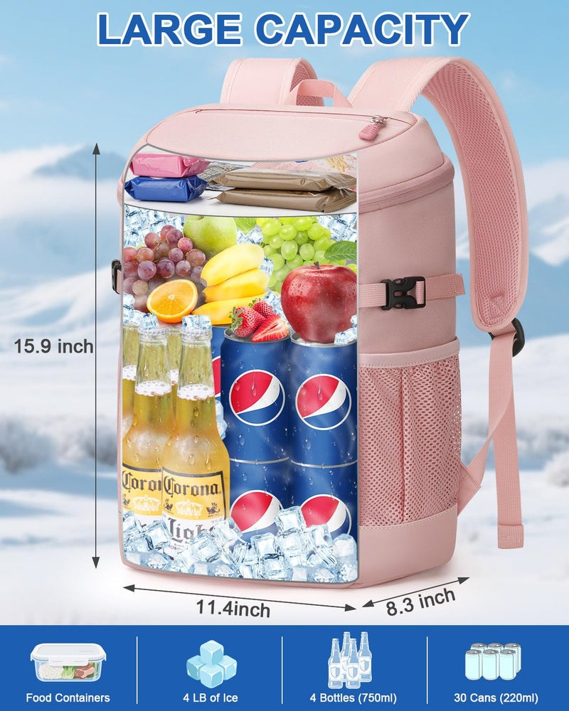 Pritent Cooler Backpack for Men Women Insulated Waterproof Backpack Cooler Leak Proof Cooler Bag Lightweight Lunch Backpack for Camping Beach Travel Picnic(Pink,30 Cans) - Image 5