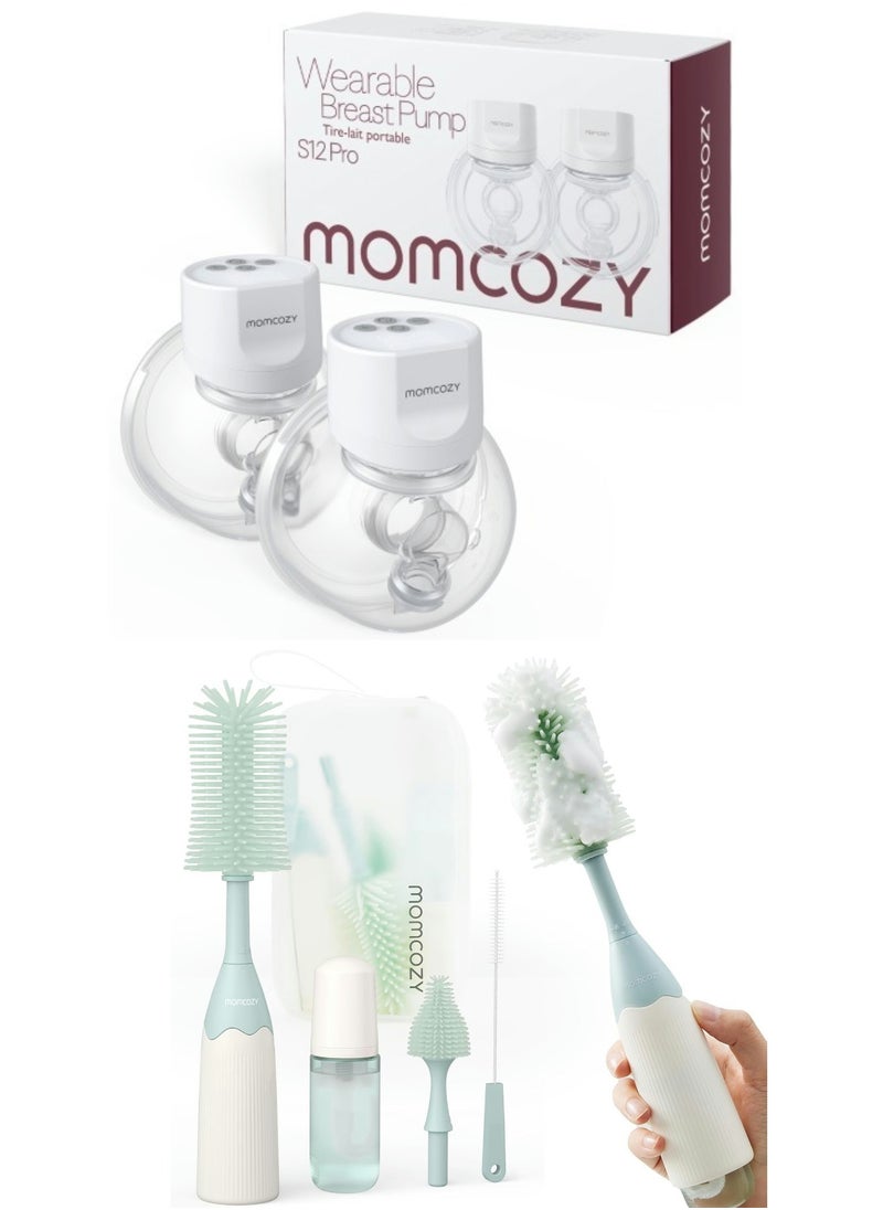 Momcozy - S12 Pro Portable Double Electric Breast Pump, Low Noise, Smart Display, 3 Modes 9 Levels & Momcozy Bottle Brush Kit, Innovative Push-Press Design for Better Cleaning - Image 1