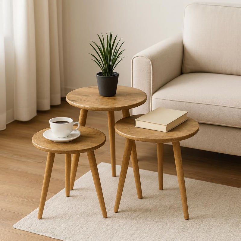 FENDI HOME FendiHome Rustic Wooden Round Nesting Tables – 3-Piece Coffee Side Table Set with Sturdy Wooden Legs for Living Room, Bedroom & Office - Image 1
