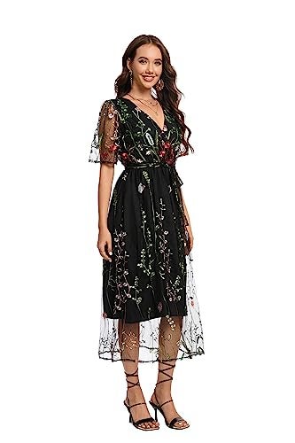 BaronHong Women's Floral Embroidered Tulle Prom Half-Sleeve V Neck Midi Dress with Waist Strap(Black(B),3XL) - Image 3