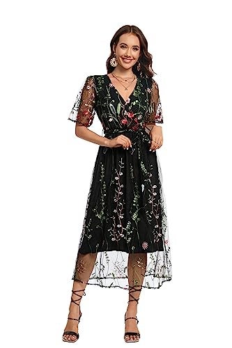 BaronHong Women's Floral Embroidered Tulle Prom Half-Sleeve V Neck Midi Dress with Waist Strap(Black(B),3XL) - Image 4