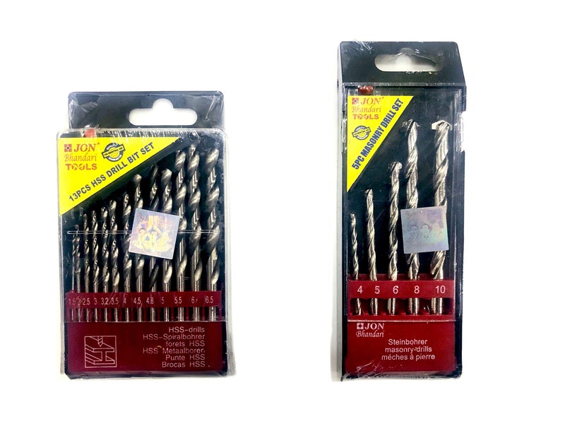 Jon Bhandari Tools Combo Drill Bit Set – 5pcs Masonry Drill Bits for Wall, Brick, Block & 13pcs HSS Bits for Metal (Non-Steel), Wood & Plastic | Hardened Steel, Sharp & Durable for DIY & Home Use - Image 1