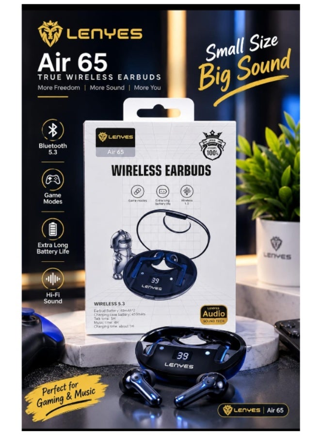 Lenyes Air 65 true wireless earbuds, which feature Bluetooth 5.3, an LED battery display on the charging case, game modes, and Hi-Fi sound.