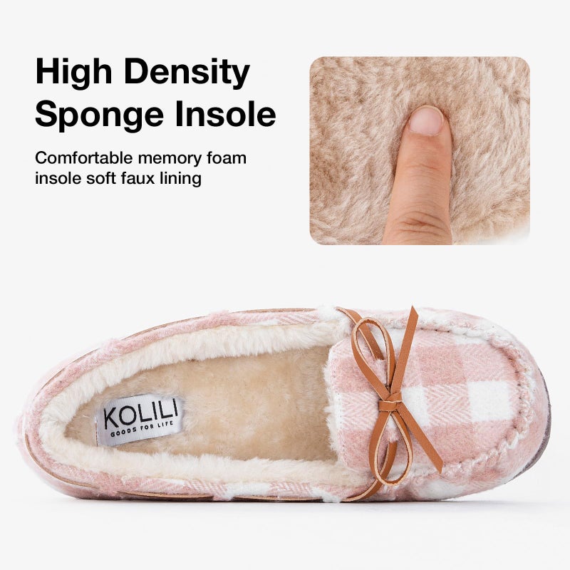 KOLILI Womens Non-slip House Slippers Warm Indoor/Outdoor Moccasin Winter Faux Fur Loafers Pink Plaid/11 M US, Moccasin - Image 4