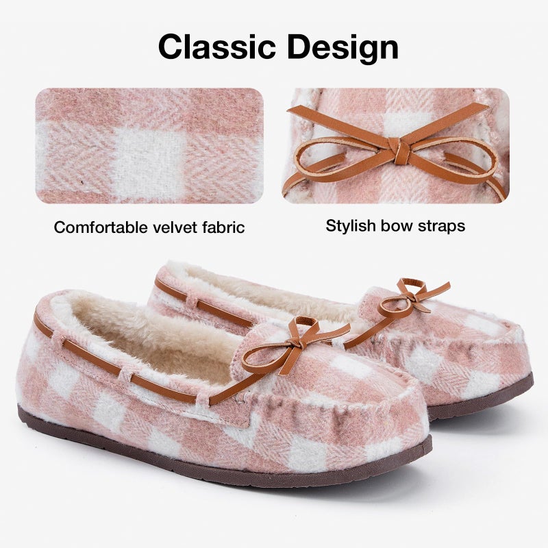 KOLILI Womens Non-slip House Slippers Warm Indoor/Outdoor Moccasin Winter Faux Fur Loafers Pink Plaid/11 M US, Moccasin - Image 3