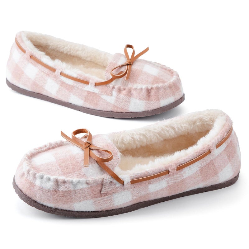 KOLILI Womens Non-slip House Slippers Warm Indoor/Outdoor Moccasin Winter Faux Fur Loafers Pink Plaid/11 M US, Moccasin - Image 1