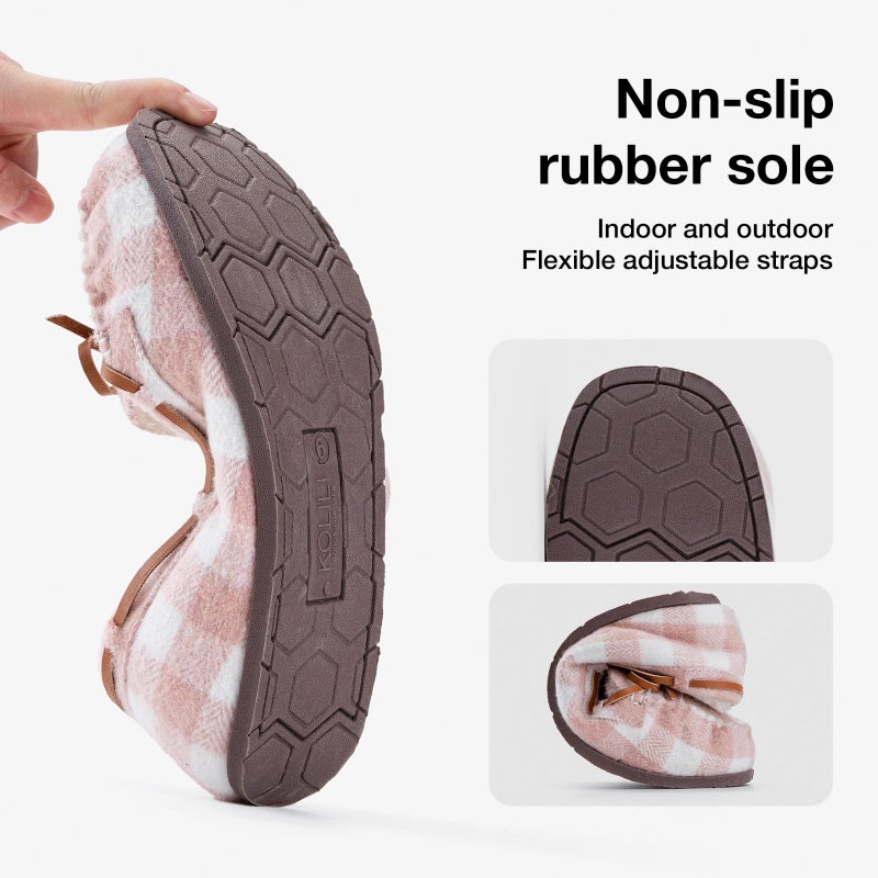 KOLILI Womens Non-slip House Slippers Warm Indoor/Outdoor Moccasin Winter Faux Fur Loafers Pink Plaid/11 M US, Moccasin - Image 2