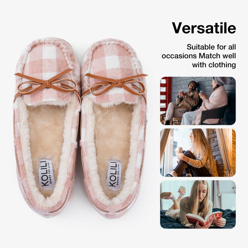 KOLILI Womens Non-slip House Slippers Warm Indoor/Outdoor Moccasin Winter Faux Fur Loafers Pink Plaid/11 M US, Moccasin - Image 5