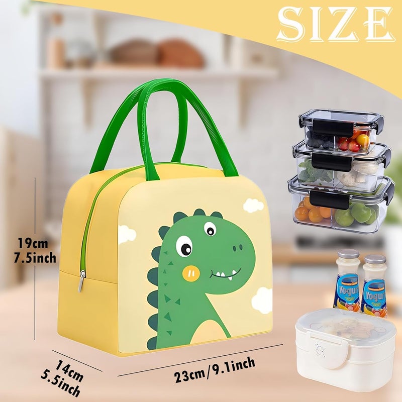 Flywind Kids Lunch Bag for Girls Boys Students | Small Foldable Waterproof Lunch Box for Travel Picnic School | Reusable Cartoon Insulated Lunchbag (Yellow Dino) - Image 2