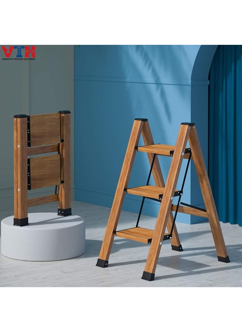 VTH WITH TAGLINE ABSOLUTE TOOLING SOLUTIONS VTH Step Foldable Aluminium Multifunctional Ladder with Wooden Finish NonSlip Wide Pedals and a 150kg Load Capacity Compact SpaceSaving and Ideal for Home Offices Camping 3 Step  - Image 2