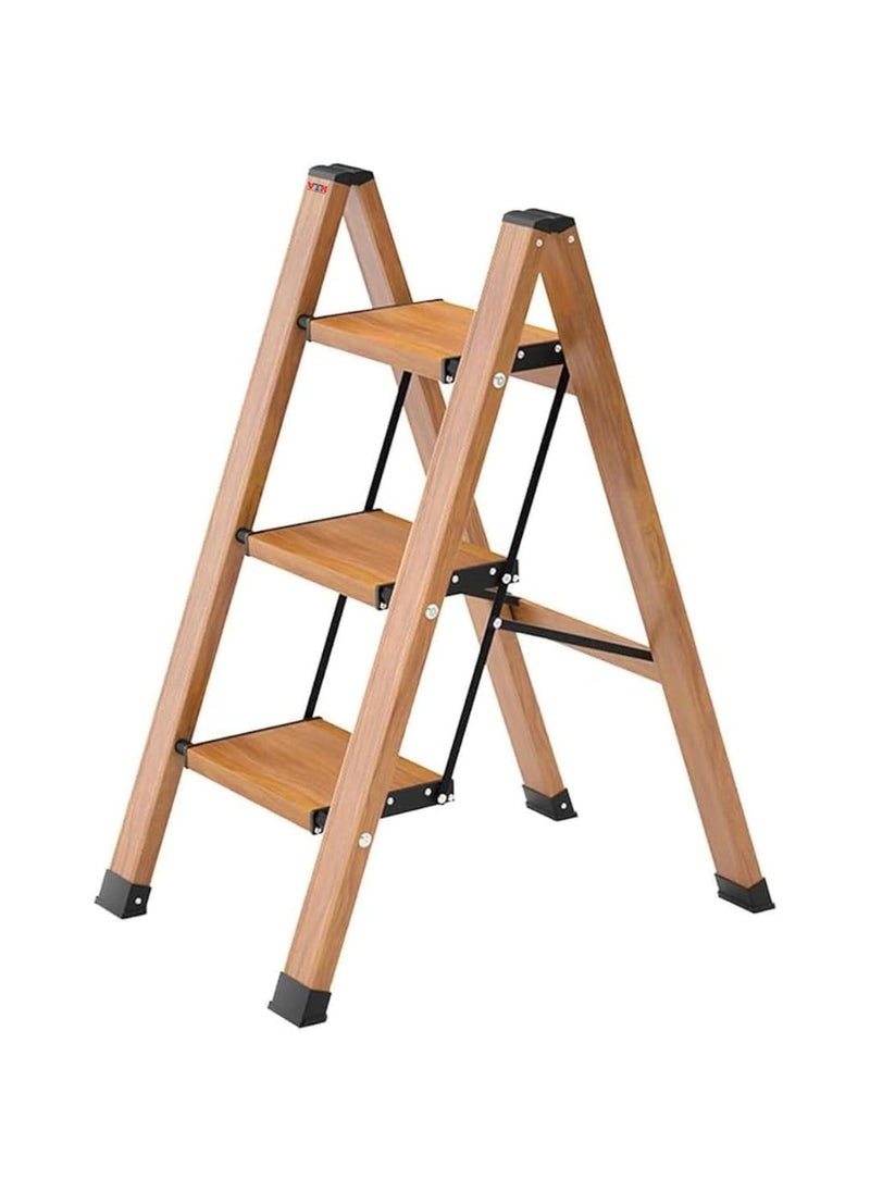 VTH WITH TAGLINE ABSOLUTE TOOLING SOLUTIONS VTH Step Foldable Aluminium Multifunctional Ladder with Wooden Finish NonSlip Wide Pedals and a 150kg Load Capacity Compact SpaceSaving and Ideal for Home Offices Camping 3 Step  - Image 1