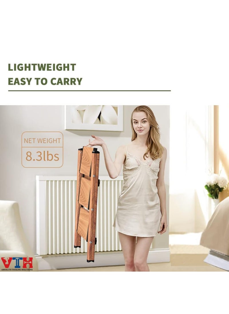 VTH WITH TAGLINE ABSOLUTE TOOLING SOLUTIONS VTH Step Foldable Aluminium Multifunctional Ladder with Wooden Finish NonSlip Wide Pedals and a 150kg Load Capacity Compact SpaceSaving and Ideal for Home Offices Camping 3 Step  - Image 5