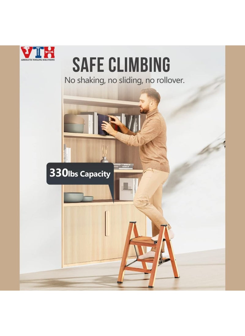 VTH WITH TAGLINE ABSOLUTE TOOLING SOLUTIONS VTH Step Foldable Aluminium Multifunctional Ladder with Wooden Finish NonSlip Wide Pedals and a 150kg Load Capacity Compact SpaceSaving and Ideal for Home Offices Camping 3 Step  - Image 3