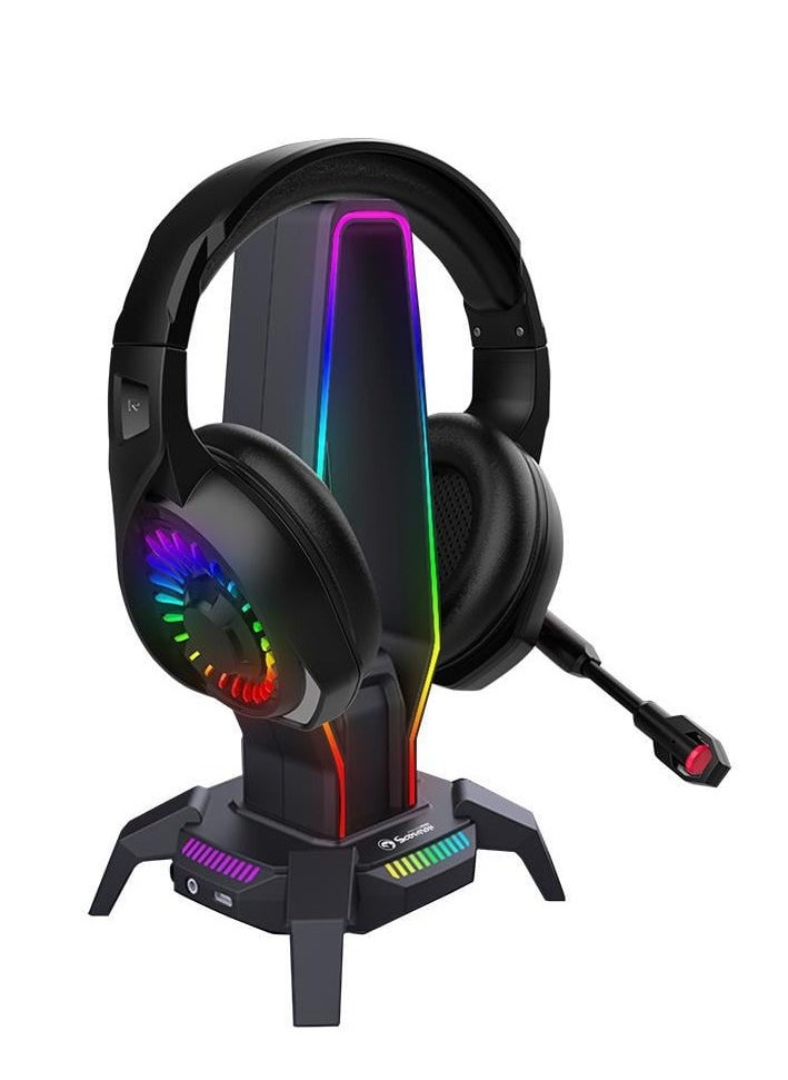 مارفو - حامل سماعة الرأس Marvo HZ-10 RGB مع 3 منافذ USB 2.0 ومنفذ صوت - إضاءة RGB مع زر تحكم في الإضاءة بطول كابل 1.0 متر | بلاك - Image 1