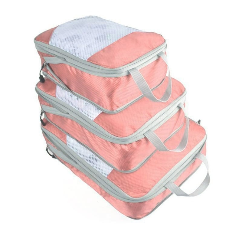 Compression Travel Packing Cube Set of 3 - Waterproof Clothing, Pants, and Socks Organizer Box - Suitable for Business Travel and Vacation Packing, Pink with Net