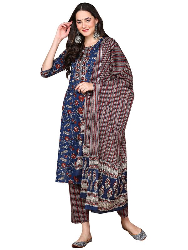 Vaamsi Women's Rayon Blend Floral Straight Printed Kurta Pant With Dupatta (VKSKD2233_XS_Blue) - Image 1