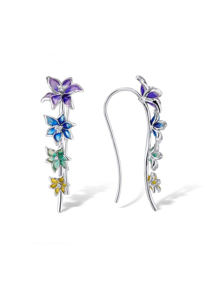 Santuzza Enamel Colorful Flower Ear Cuffs Climber Earrings 925 Sterling Silver Orchid Ear Crawler Earrings for Women - Image 3