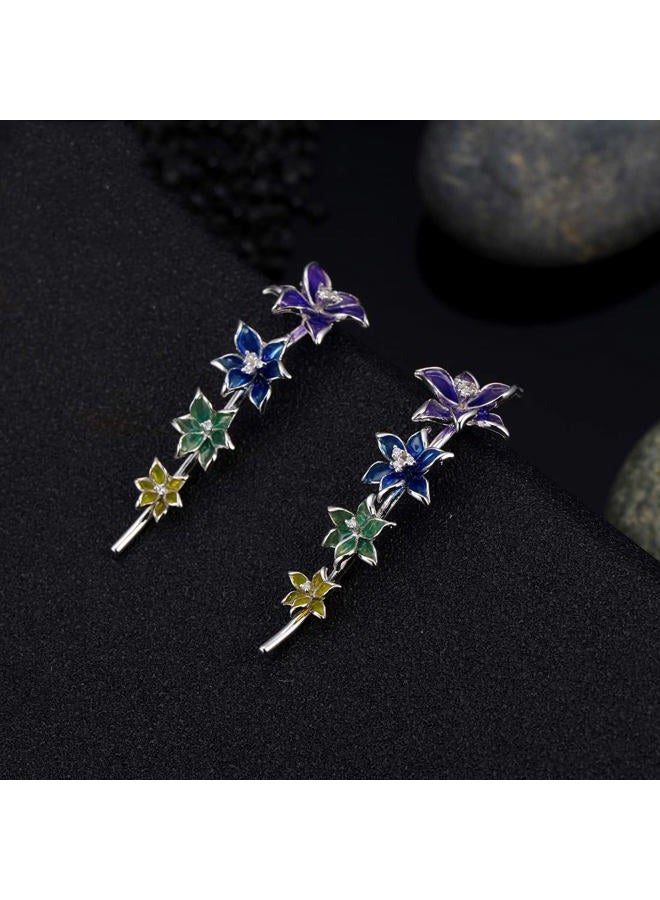 Santuzza Enamel Colorful Flower Ear Cuffs Climber Earrings 925 Sterling Silver Orchid Ear Crawler Earrings for Women - Image 4