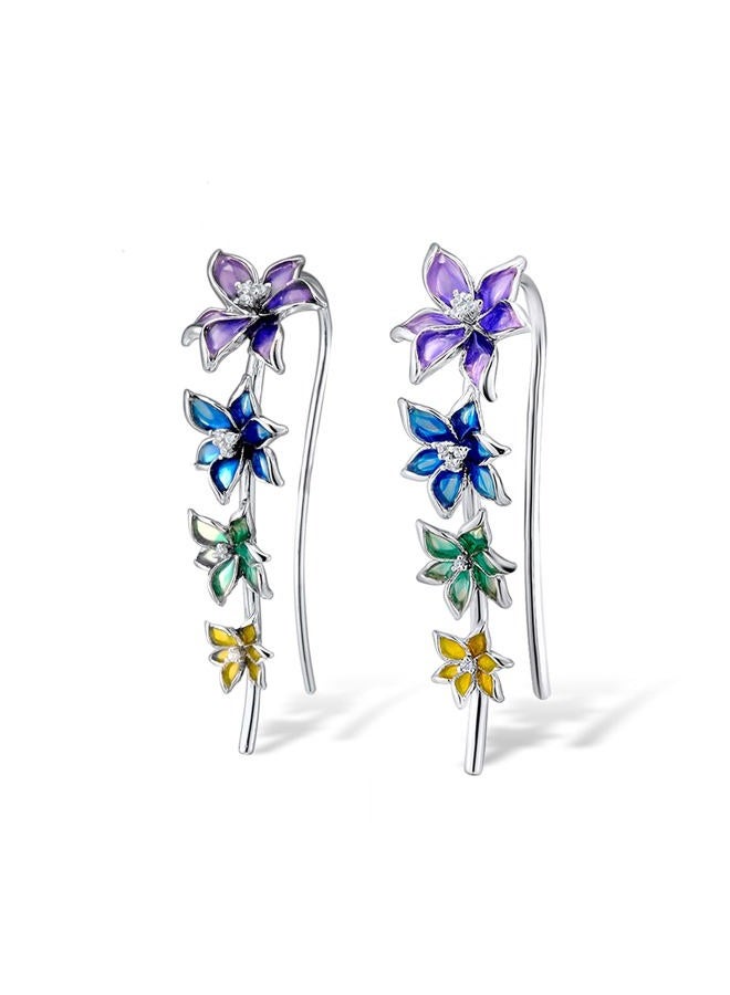 Santuzza Enamel Colorful Flower Ear Cuffs Climber Earrings 925 Sterling Silver Orchid Ear Crawler Earrings for Women - Image 2