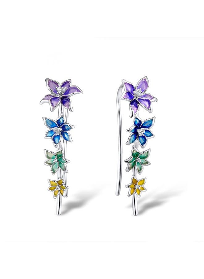Santuzza Enamel Colorful Flower Ear Cuffs Climber Earrings 925 Sterling Silver Orchid Ear Crawler Earrings for Women - Image 1