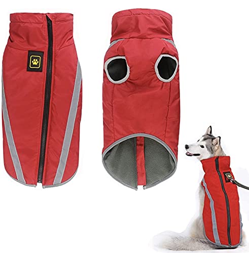 KUTKUT Windproof Warm Dog Winter Jacket| Reflective Cold Weather Coat | Waterproof Polar Fleece Lining with Leash Hole Pet Warm Clothing for Large Dogs. (Red, Size: 5XL, Chest: 78cm) - Image 1