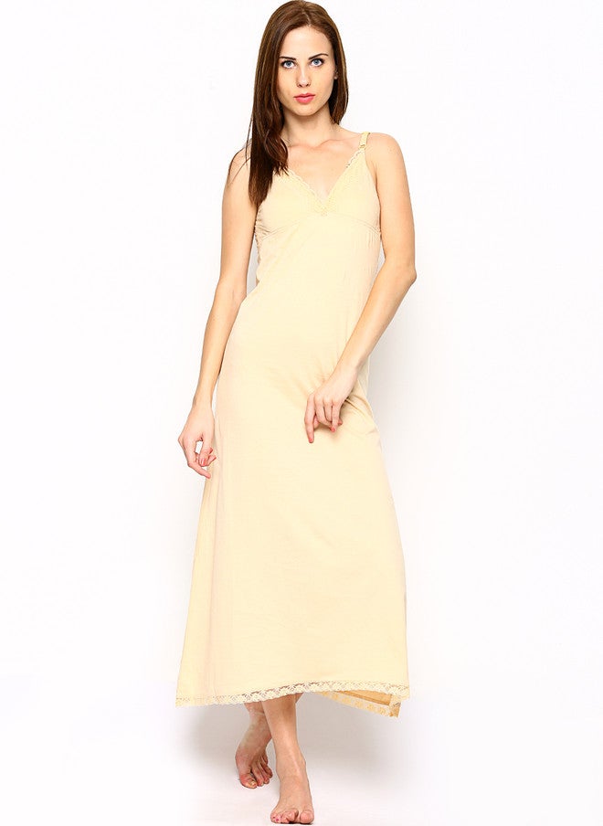 Red Rose Women Beige Maxi Nightdress with Lace Detail - Image 1