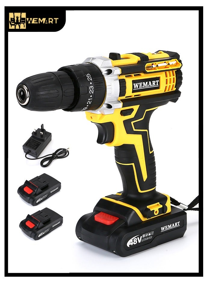 WEMART 48V Cordless Drill Power Supply, Cordless Drill with 2 Li-Ion Batteries and Charger, Variable Speed ​​Drill, Yellow - Image 1