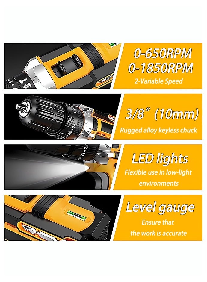 WEMART 48V Cordless Drill Power Supply, Cordless Drill with 2 Li-Ion Batteries and Charger, Variable Speed ​​Drill, Yellow - Image 2