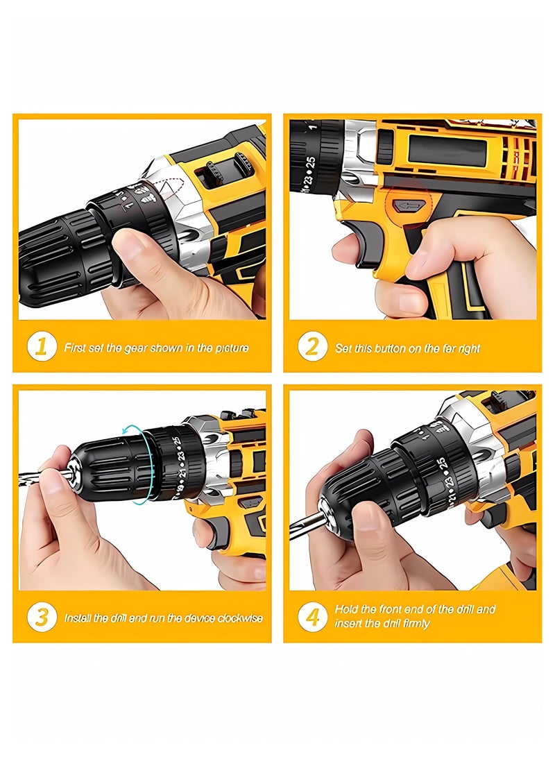 WEMART 48V Cordless Drill Power Supply, Cordless Drill with 2 Li-Ion Batteries and Charger, Variable Speed ​​Drill, Yellow - Image 3