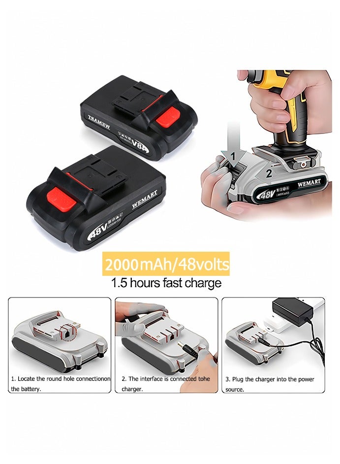 WEMART 48V Cordless Drill Power Supply, Cordless Drill with 2 Li-Ion Batteries and Charger, Variable Speed ​​Drill, Yellow - Image 4