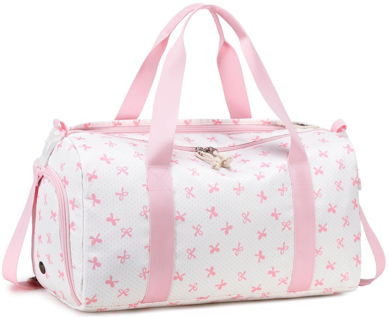 LEDAOU Gym Bag Duffle Bag with Wet Pocket Weekender Overnight Sports Duffels with Shoe Compartment for Girls Kids Women Travel Dance Cheer Bags Pink Bow Pattern - Image 2