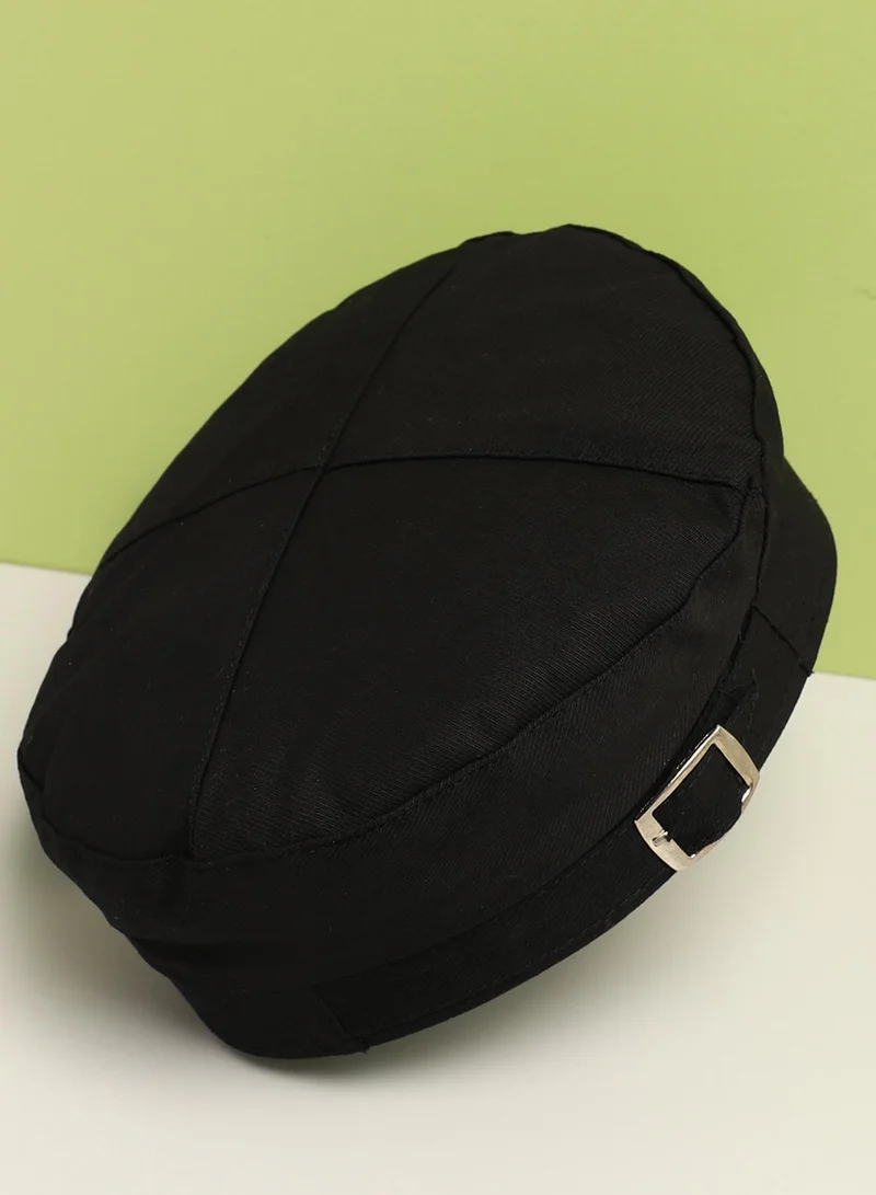 Haute Sauce Black Solid Beret Hat With Buckle Detail