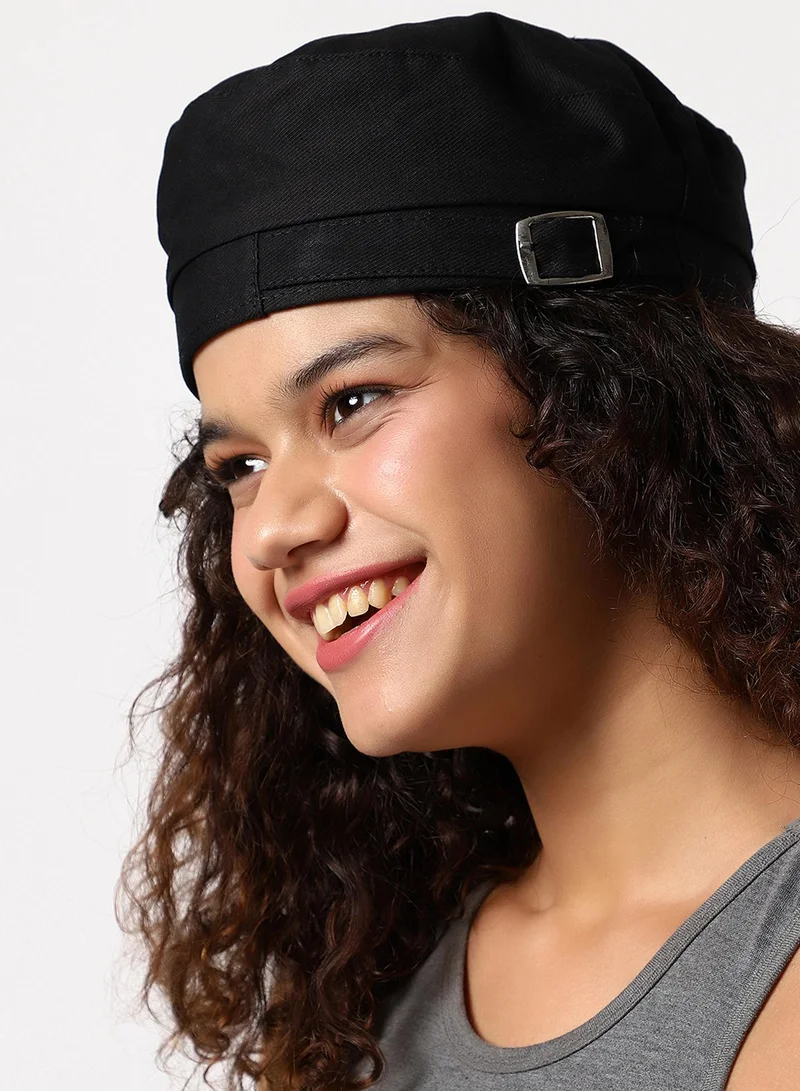 Haute Sauce Black Solid Beret Hat With Buckle Detail