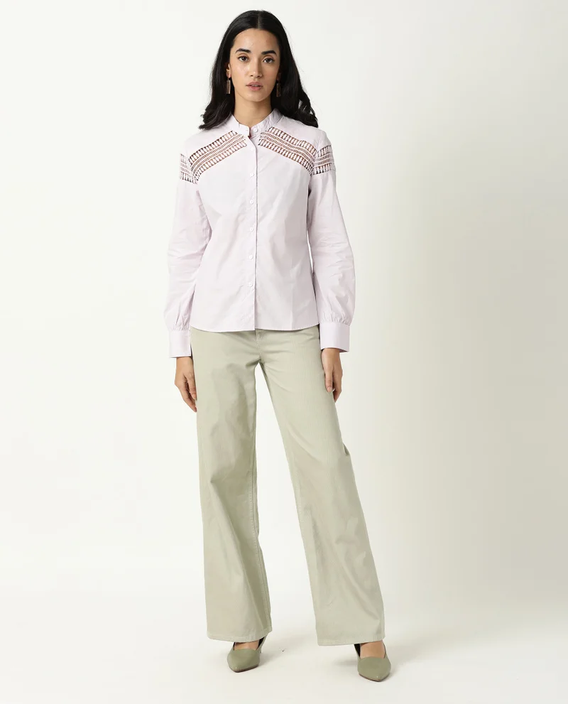 Rareism Women's Lace Insert Poplin Fitted Shirt