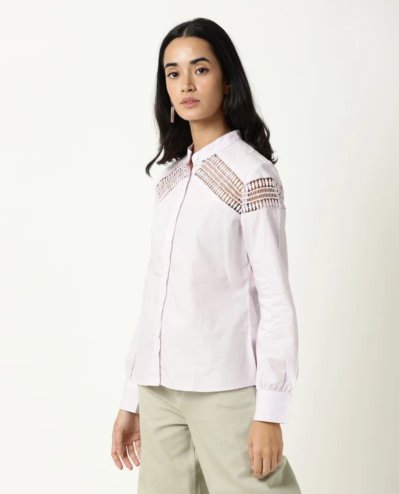 Rareism Women's Lace Insert Poplin Fitted Shirt