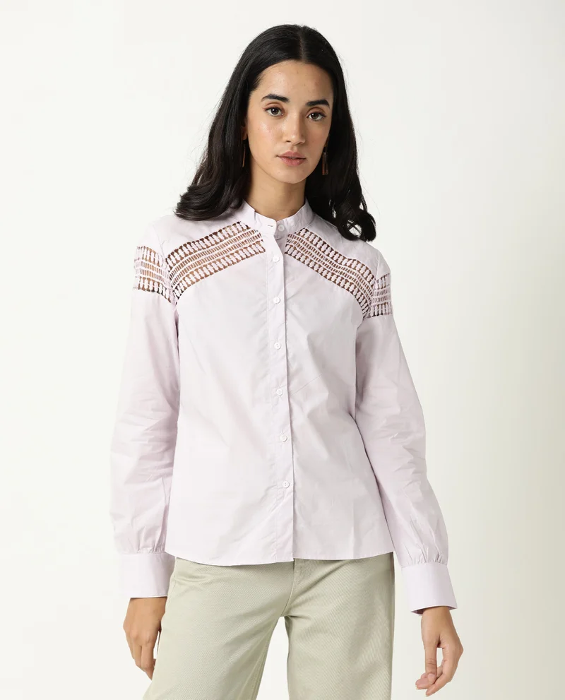 Rareism Women's Lace Insert Poplin Fitted Shirt