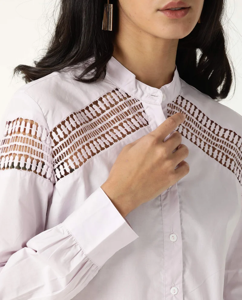 Rareism Women's Lace Insert Poplin Fitted Shirt