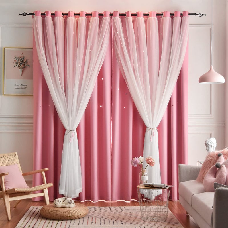 Loyala Star Curtains Double Layer Curtains Blackout Curtains for Bedroom Kids Curtains Cute Curtains Curtains 63 Inches Long 2 Panels Set Pink Curtains 42 X 63 Inches