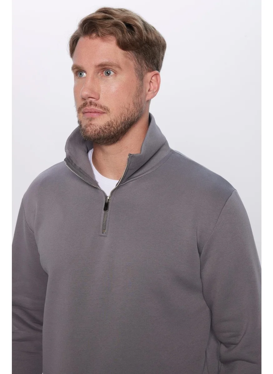 Tudors Unisex Relax Fit Comfortable Cut Cotton Half Zippered Grey Stand Collar Sweatshirt with Polar Fleece Inside