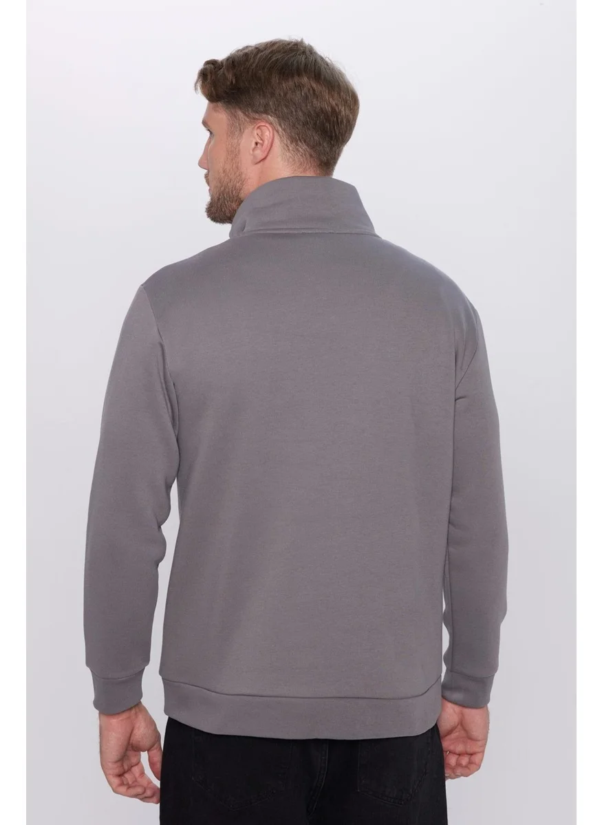 Tudors Unisex Relax Fit Comfortable Cut Cotton Half Zippered Grey Stand Collar Sweatshirt with Polar Fleece Inside
