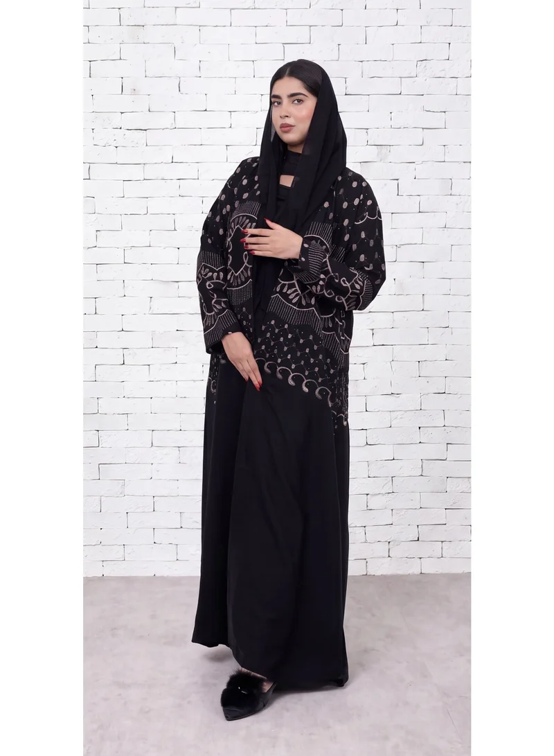 Fashion Line Elegant Black Front-Open Abaya with Intricate Shimmer Embroidery and Matching Hijab Set