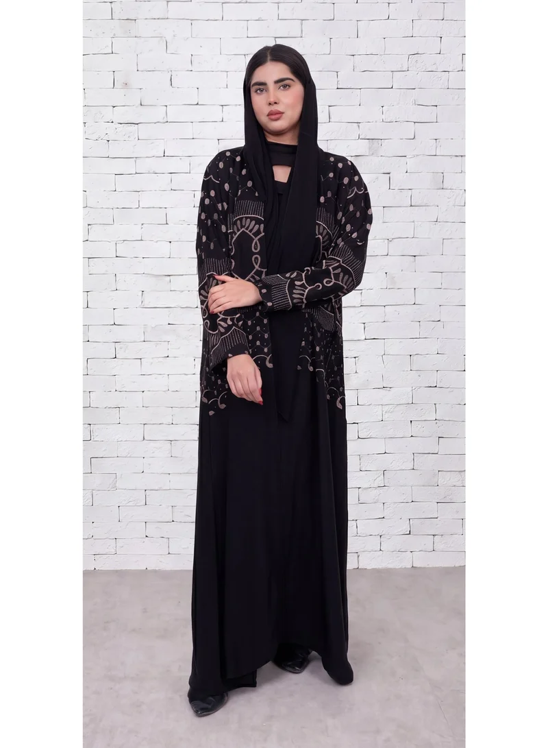 Fashion Line Elegant Black Front-Open Abaya with Intricate Shimmer Embroidery and Matching Hijab Set