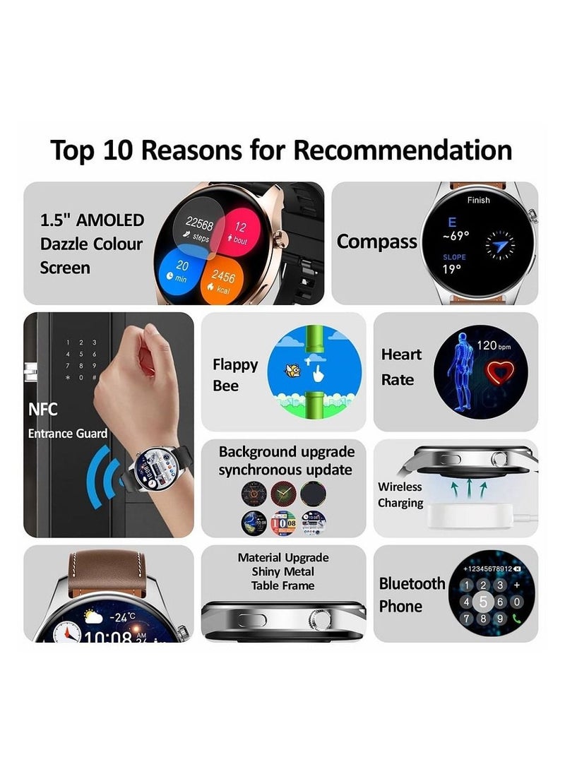HK4 Hero AMOLED Smart Watch Men LTPO Screen 2.5D Amplitude 1.5 Inch GPS Trajectory Chat GPT APP Compass NFC Bluetooth Call 46mm Wireless Charger Gold