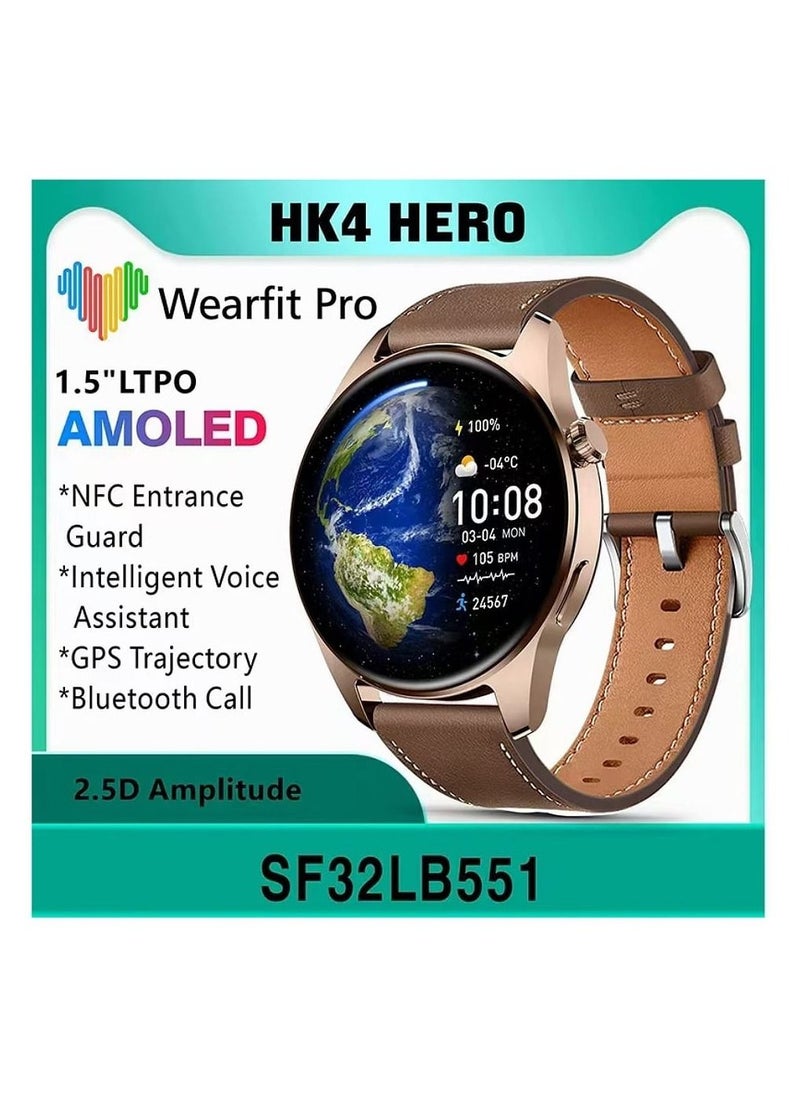 HK4 Hero AMOLED Smart Watch Men LTPO Screen 2.5D Amplitude 1.5 Inch GPS Trajectory Chat GPT APP Compass NFC Bluetooth Call 46mm Wireless Charger Gold