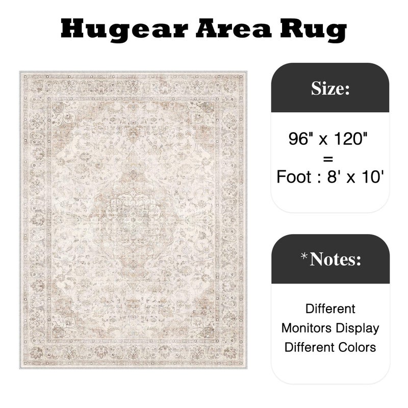 HUGEAR Area Rug 8x10 Vintage Beige Machine Washable Living Room Rugs Thin Neutral Floral Vacuumable Low Pile Carpet Bedroom Office Dining Room Laundry Room Non Slip Soft Lightweight - Image 2